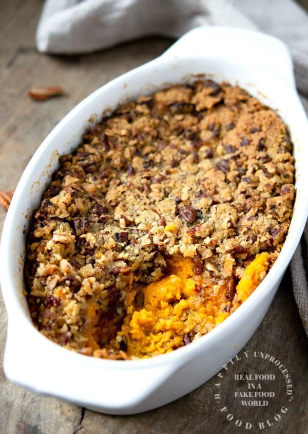 SWEET POTATO CASSEROLE - No Thanksgiving is complete without these sweet potatoes at your table. Lower in sugar. #sweetpotatoes #thanksgiving #healthy #happilyunprocessed