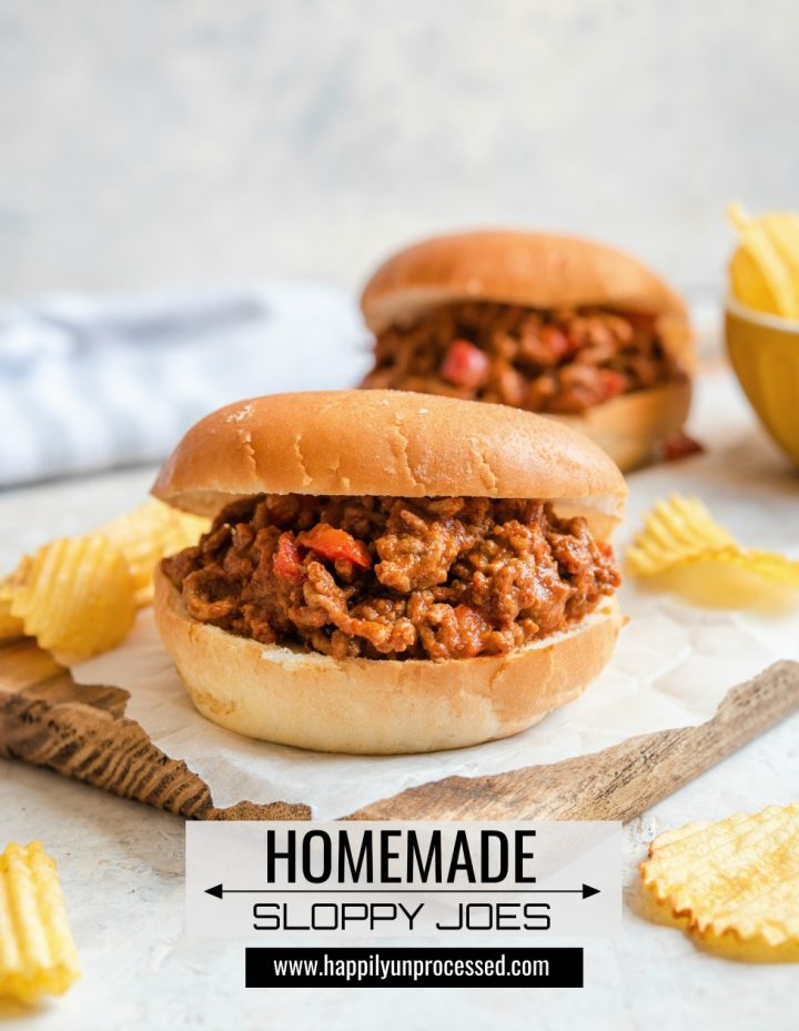 SLOPPY JOES - Ground beef, onions, peppers and spices together with a savory ketchup gravy served on hamburger buns #weeknightdinner #easymeals #happilyunprocessed