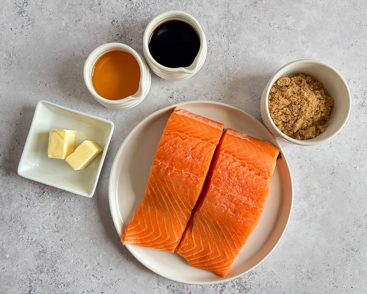 ingredients: butter, tamari, maple syrup, brown sugar, and two salmon fillets