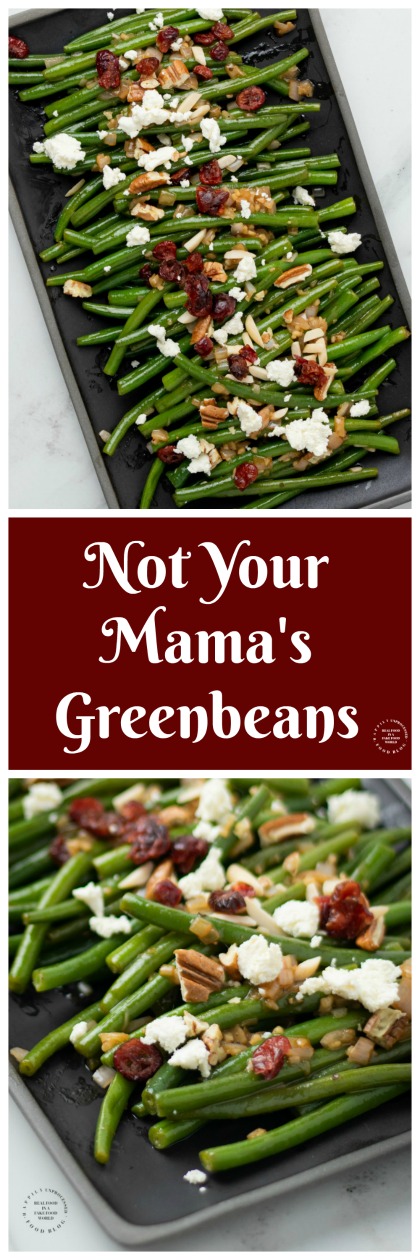 NOT YOUR MAMAS GREENBEANS - Fresh green beans topped with a Dijon Mustard Balsamic glaze, pecans, dried cranberries and feta cheese #thanksgiving #thanksgivingsides #greenbeans