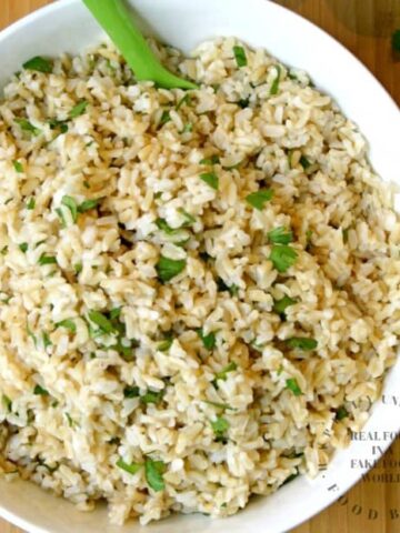 cilantro lime rice in a white bowl