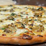 Caramelized Onion, Mushroom, Feta and Spinach Pizza with White Sauce