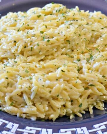 Plate of creamy garlic orzo with parsley