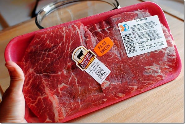 A package of flat iron steak used to make Mongolian beef