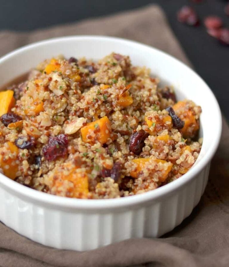 Roasted butternut squash and quinoa with craisins, slivered toasted almonds