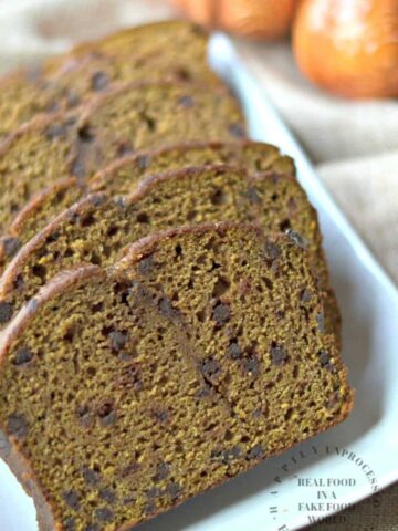 close up pumpkin bread with chocolate chips happily unprocessed