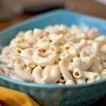 new york style deli macaroni salad in blue bowl