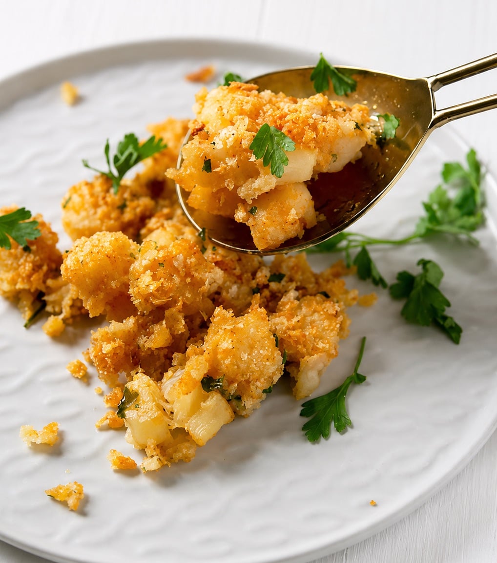 Butter Garlic Baked Scallops on a white plate with spoon and parsley