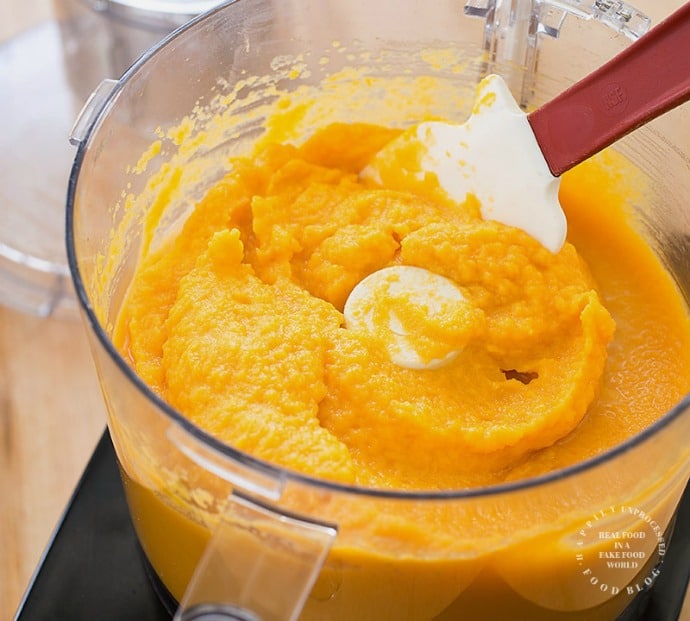 Roasted butternut squash pureed in a food processor until smooth