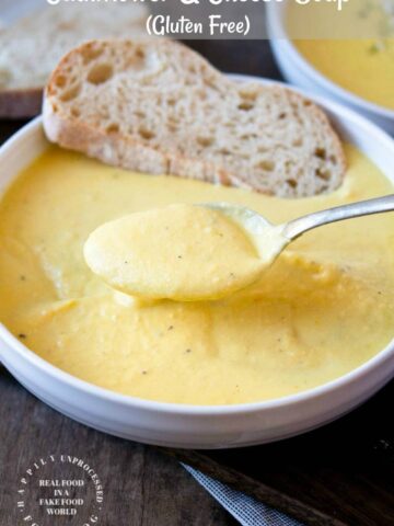 CAULIFLOWER & CHEESE SOUP made with no flour, thick, rich and creamy #cauliflower #soup #healthy #cleaneating #happilyunprocessed