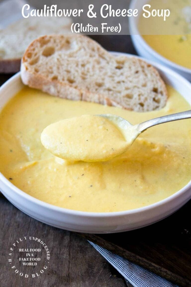 CAULIFLOWER & CHEESE SOUP made with no flour, thick, rich and creamy #cauliflower #soup #healthy #cleaneating #happilyunprocessed