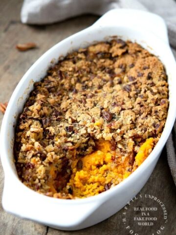 SWEET POTATO CASSEROLE - No Thanksgiving is complete without these sweet potatoes at your table. Lower in sugar. #sweetpotatoes #thanksgiving #healthy #happilyunprocessed