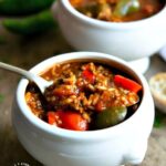 Unstuffed pepper soup with ground beef, red and green peppers, onions garlic, fire roasted tomatoes and broth #soup #healthy #stuffedpeppers #happilyunprocessed