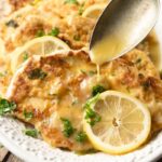 CHICKEN FRANCESE - thinly sliced chicken breasts are floured and egg dipped before sauteeing and simmering in a butter, lemon and wine sauce #chicken #francese #weeknightdinner #happilyunprocessed