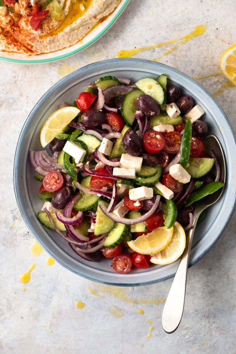 HEALTHY GREEK SALAD with Kalamata olives, cucumber, red onion, feta cheese and tomatoes #greek #greeksalad #healthy #sidedish #lunch #happilyunprocessed