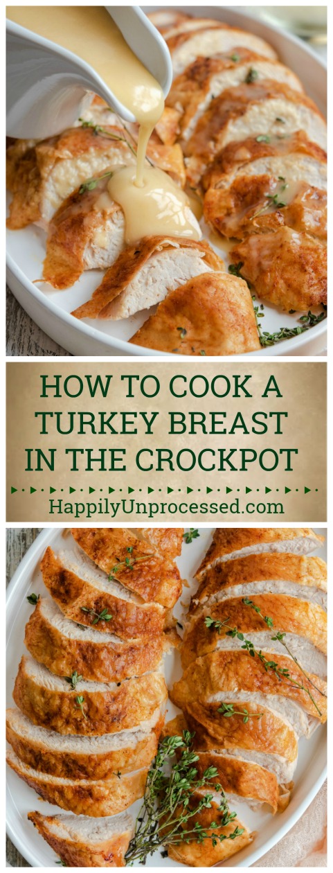 Turkey breast cooked in a crockpot results in the moistest breast meat due to the crockpots unique ability to baste as it cooks. #Thanksgiving #turkey #holida