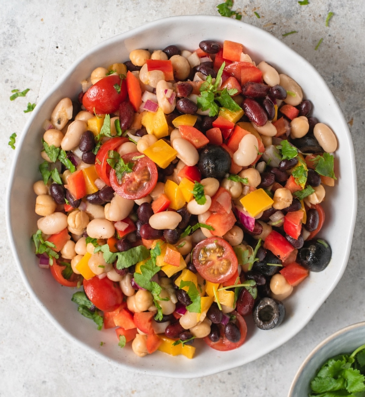 Summer four bean salad with black beans, kidney beans, cannellini beans, chickpeas, tomatoes, peppers, olives, red onion, and fresh herbs.