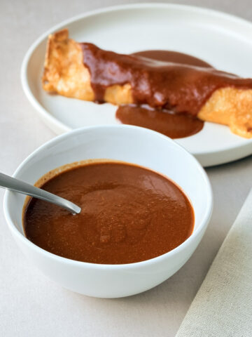 white bowl of homemade red enchilada sauce and enchilada covered in sauce