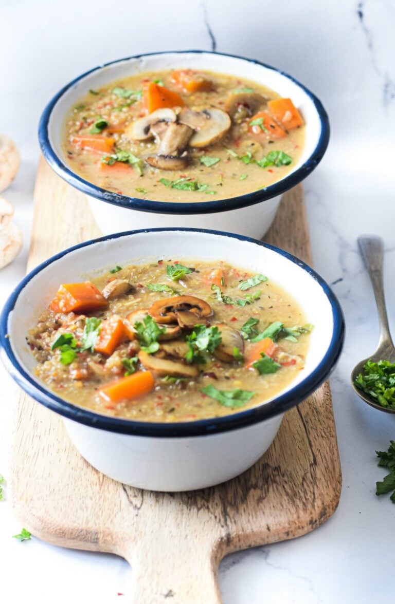 Mushroom Coconut Quinoa Soup is a healthy gluten free, dairy free, vegan soup packed with nutrition #happilyunprocessed
