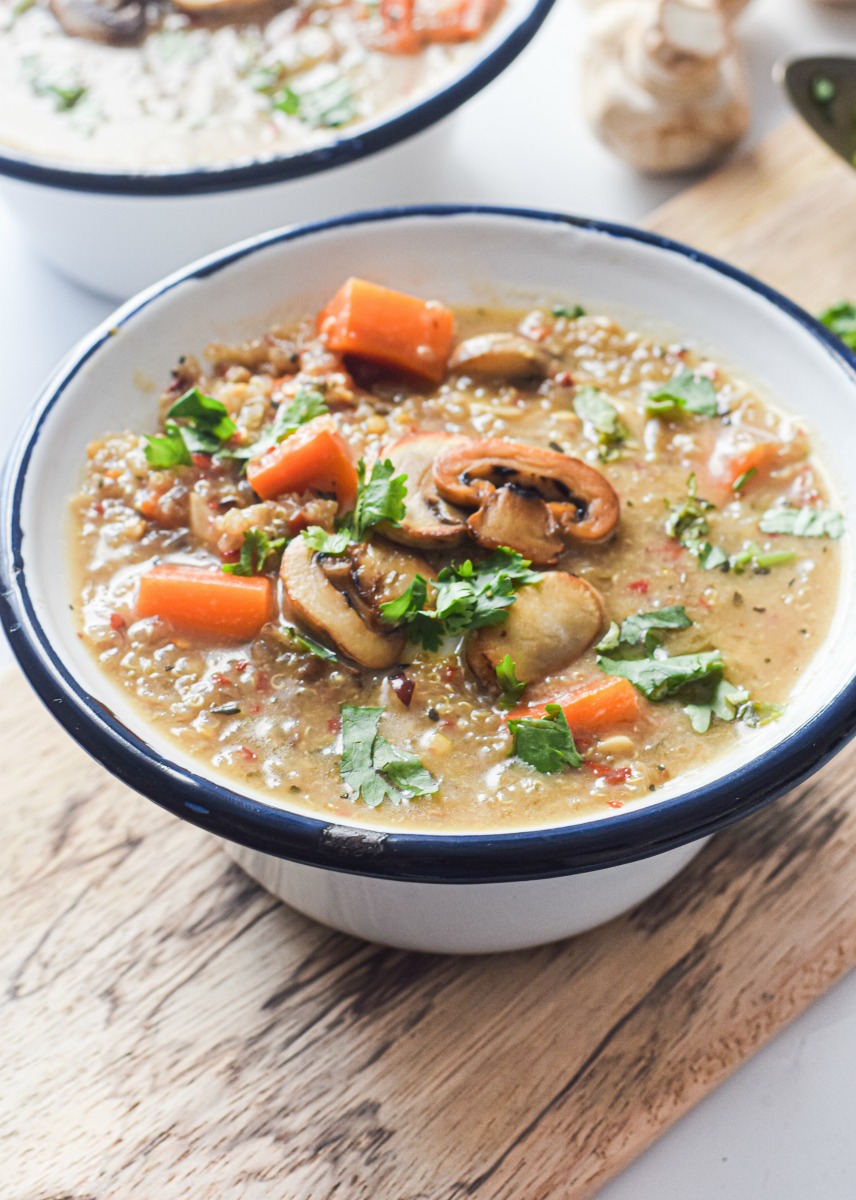 Mushroom Coconut Quinoa Soup is a healthy gluten free, dairy free, vegan soup packed with nutrition #happilyunprocessed