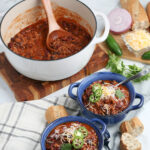 Weeknight Healthy Turkey Chili made in a Dutch oven is a great way to start the New Year off #turkeychili #chilirecipe #happilyunprocessed