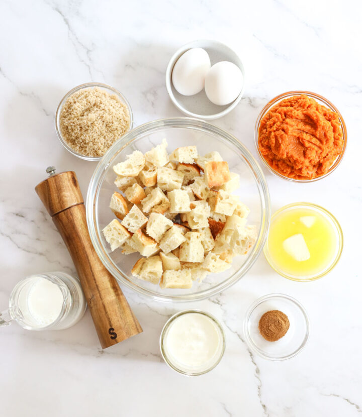 Ingredients needed to make Pumpkin Bread Pudding in the Instant Pot