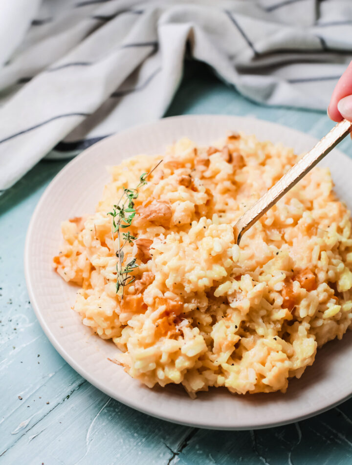A plate of freshly made creamy  pumpkin risotto