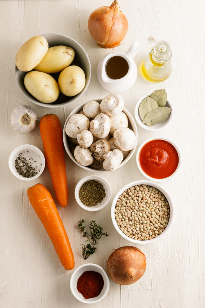 Ingredients for lentil and mushroom stew 683x1024 - How To Make A Hearty Plant-Based Lentil and Mushroom Stew