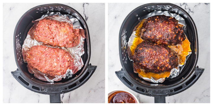2 small meatloaves being cooked inside an air fryer