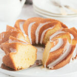 Pinwheel lemon bundt cake with a sugar glaze