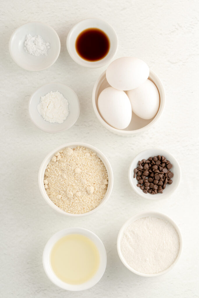 ingredients for gluten free and keto friendly chocolate chip muffins