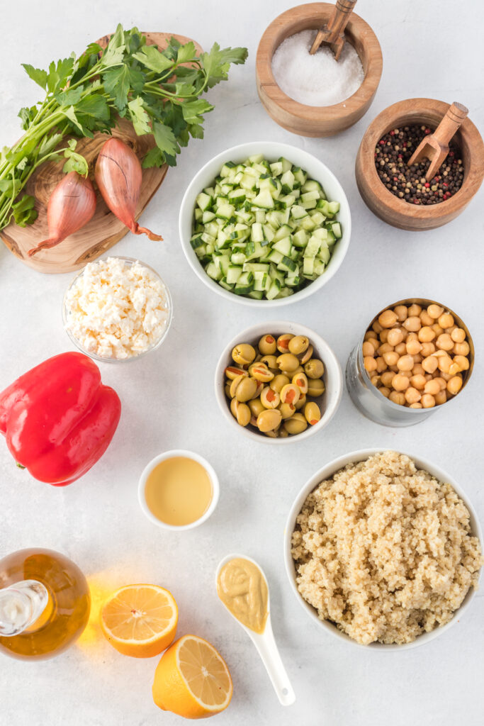 Ingredients needed to make a delicious healthy summer quinoa salad