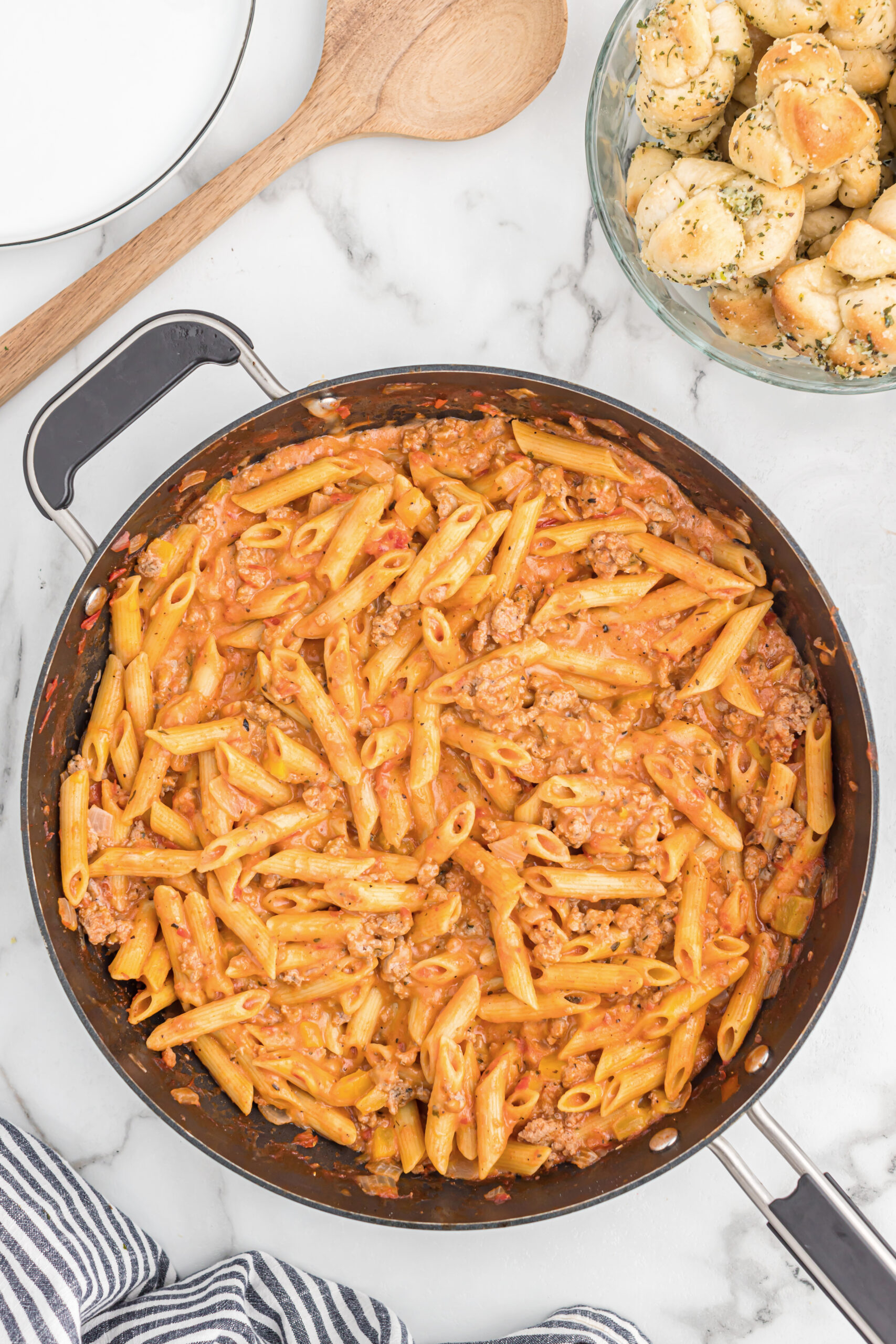 One Skillet Cheesy Turkey Penne comes together in 30 minutes and is a hearty dinner