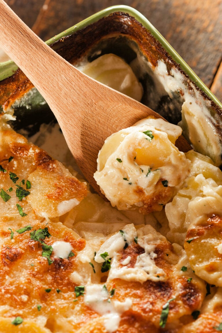 piping hot cheesy potatoes au gratin are the perfect side dish to any meal