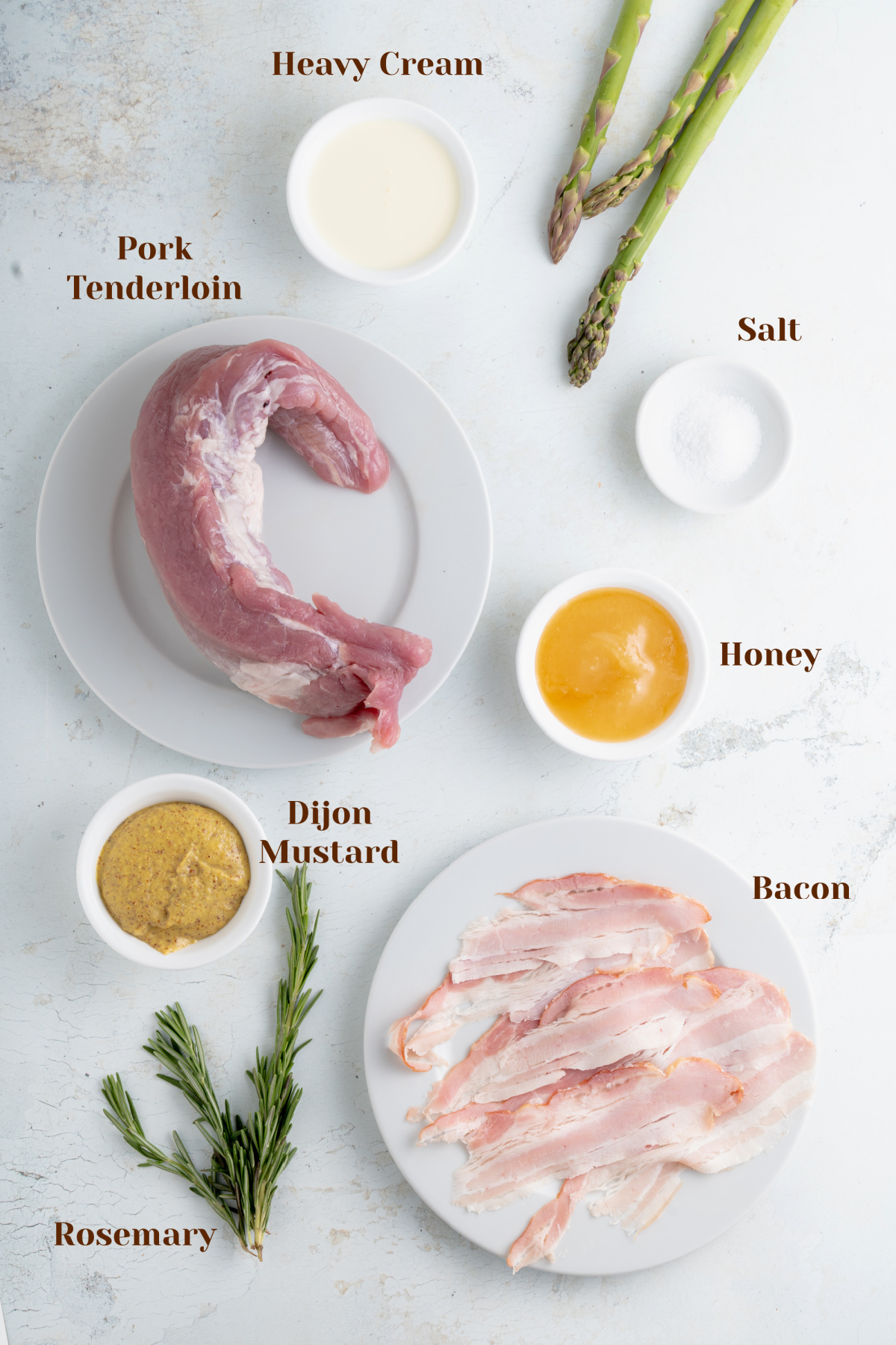 Ingredients to make Bacon Wrapped Pork Tenderloin in a creamy Honey Dijon Sauce