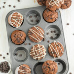 DOUBLE CHOCOLATE CHIP MUFFINS DRIZZLED WITH WHITE CHOCOLATE FEATURE