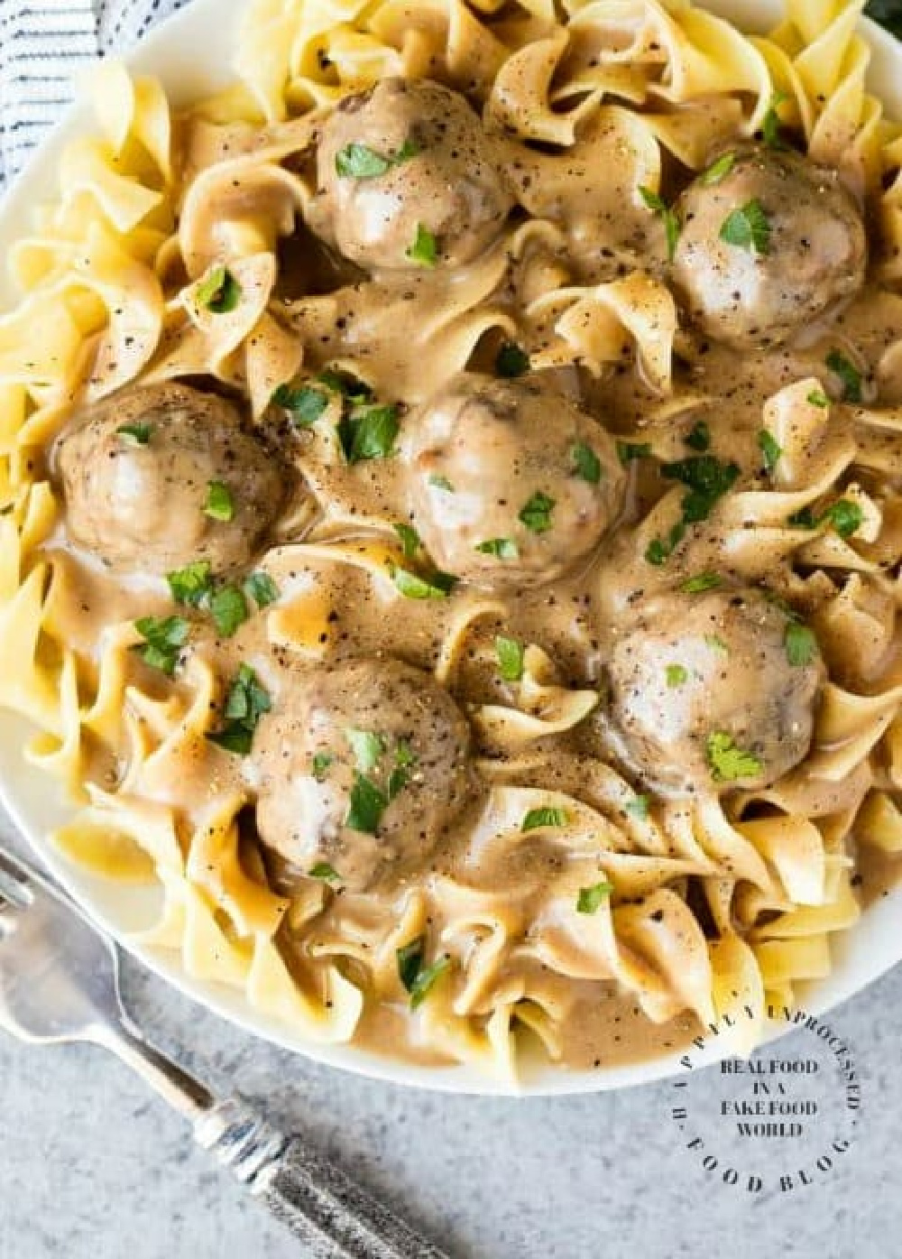 Swedish meatballs in a creamy sauce over egg noodles garnished with parsley