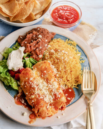 Traditional Mexican chicken enchiladas dinner served with rice and refried pinto beans