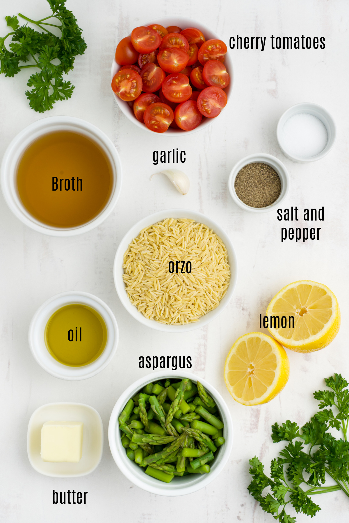 Ingredients needed to make lemon orzo with asparagus and cherry tomatoes
