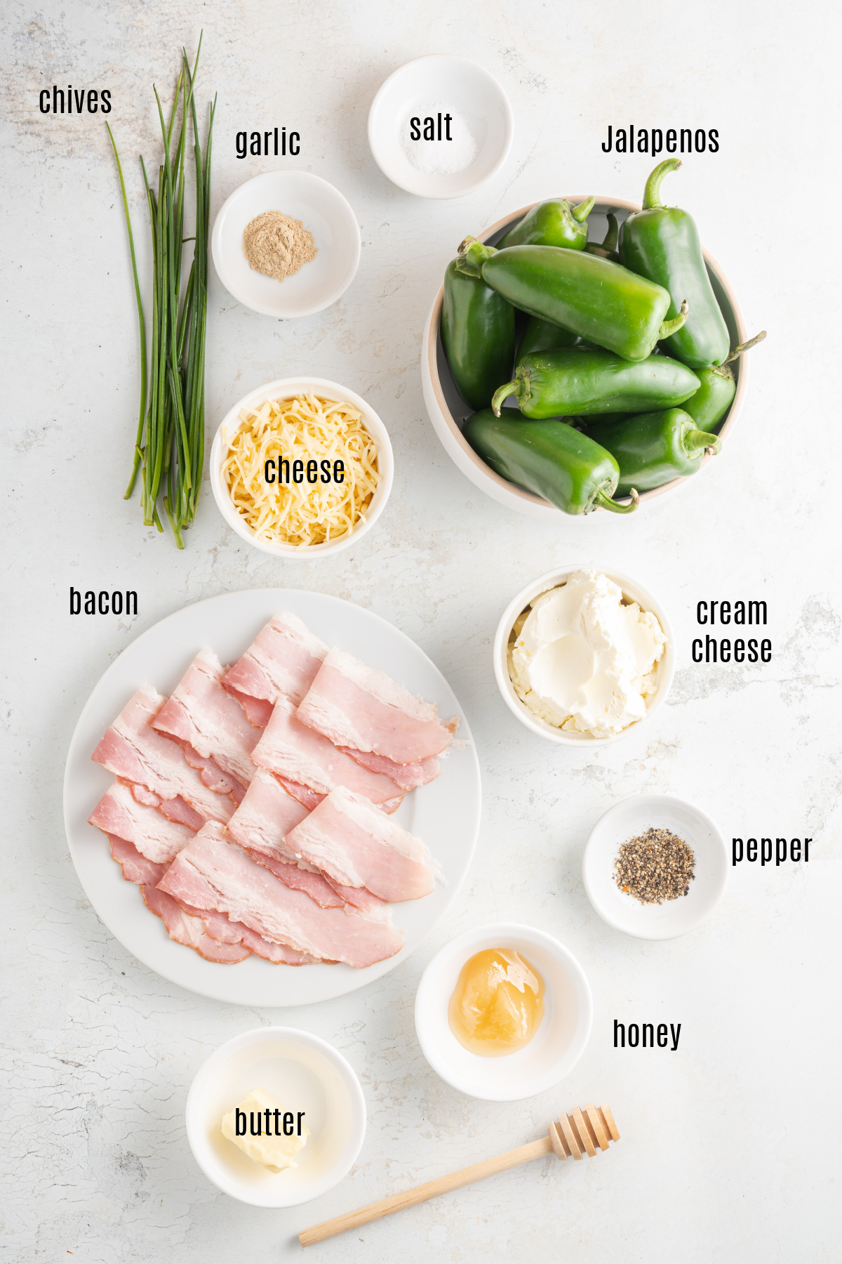 ingredients needed to make bacon wrapped jalapeno poppers brushed in a melted honey butter