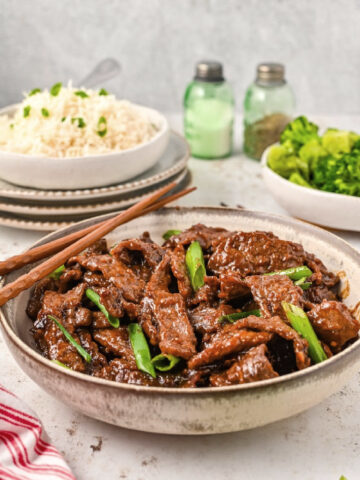weeknight Mongolian Beef with steamed rice and broccoli is the perfect dinner
