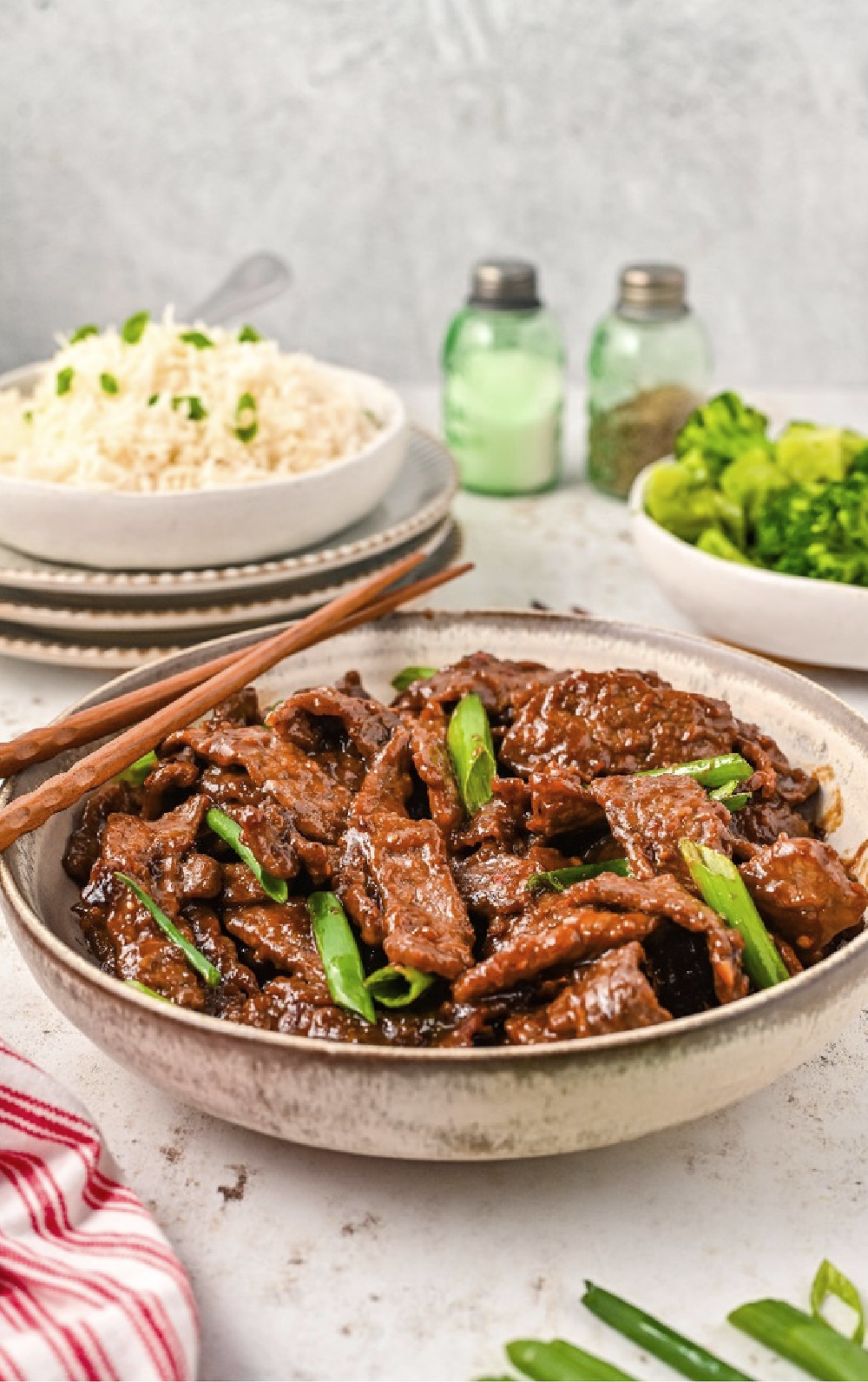 weeknight Mongolian Beef with steamed rice and broccoli is the perfect dinner