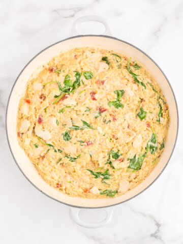 A big bowl of creamy Parmesan orzo bite size chicken spinach and sun dried tomatoes