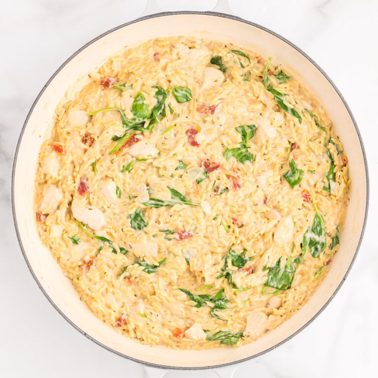 A big bowl of creamy Parmesan orzo bite size chicken spinach and sun dried tomatoes