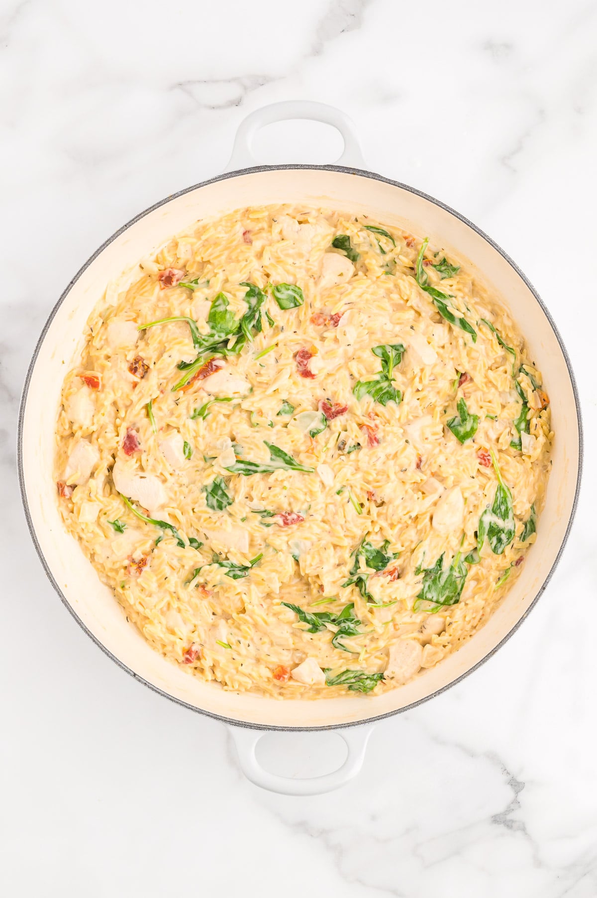 One Skillet Parmesan Orzo with Chicken, Spinach and Sun dried ...