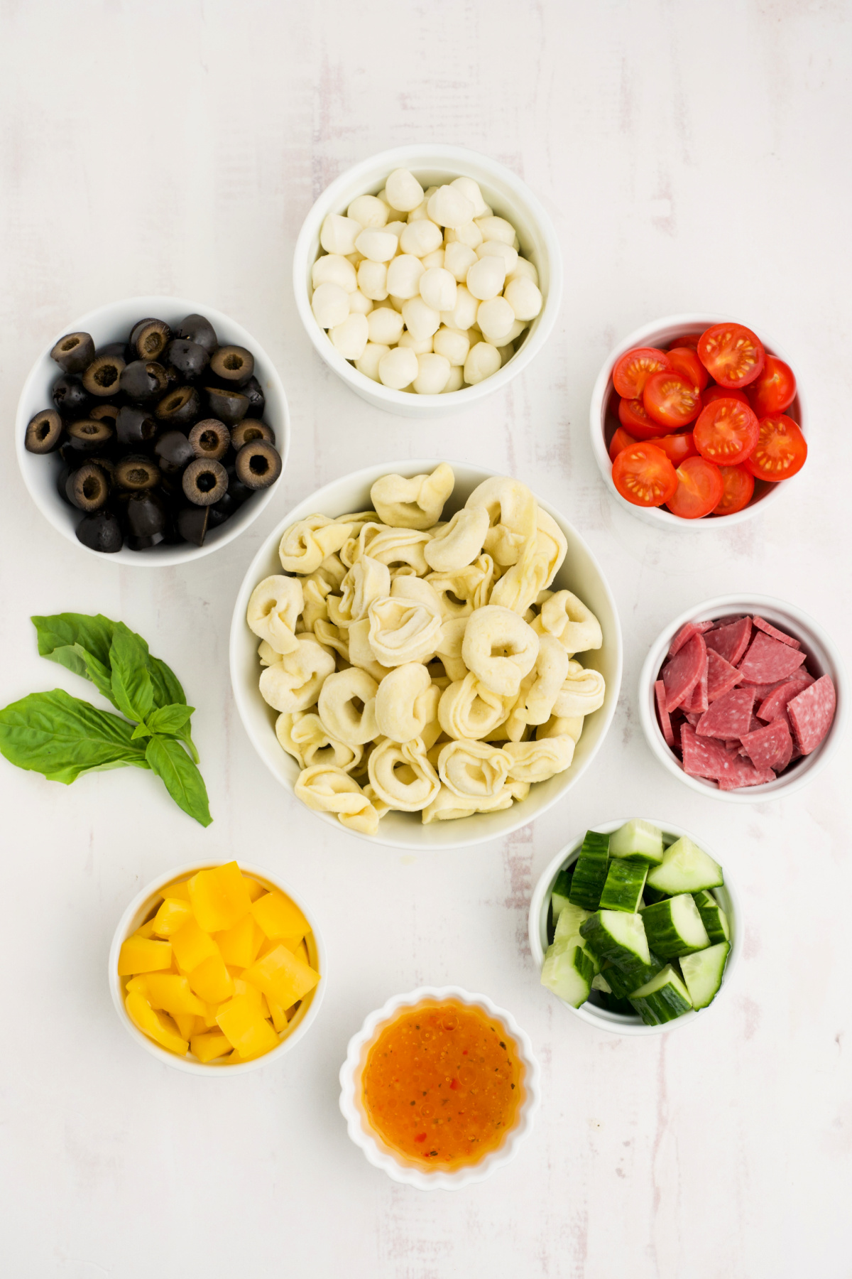 Ingredients to make Tortellini Pasta salad with cucumbers, tomatoes, peppers, cheese and olives