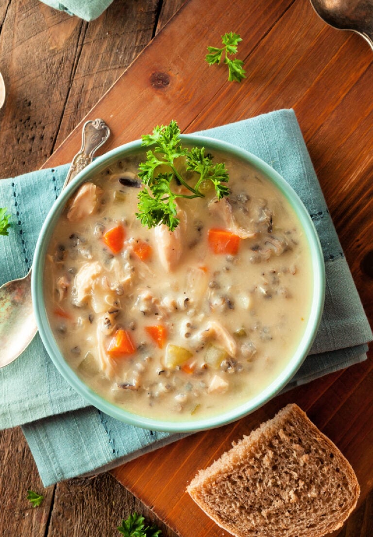 A bowl of homemade creamy chicken and wild rice soup