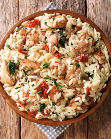 One skillet chicken, orzo, sundried tomatoes and Italian blend cheese