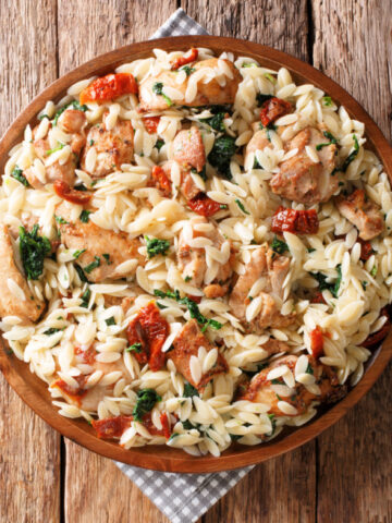 One skillet chicken, orzo, sundried tomatoes and Italian blend cheese