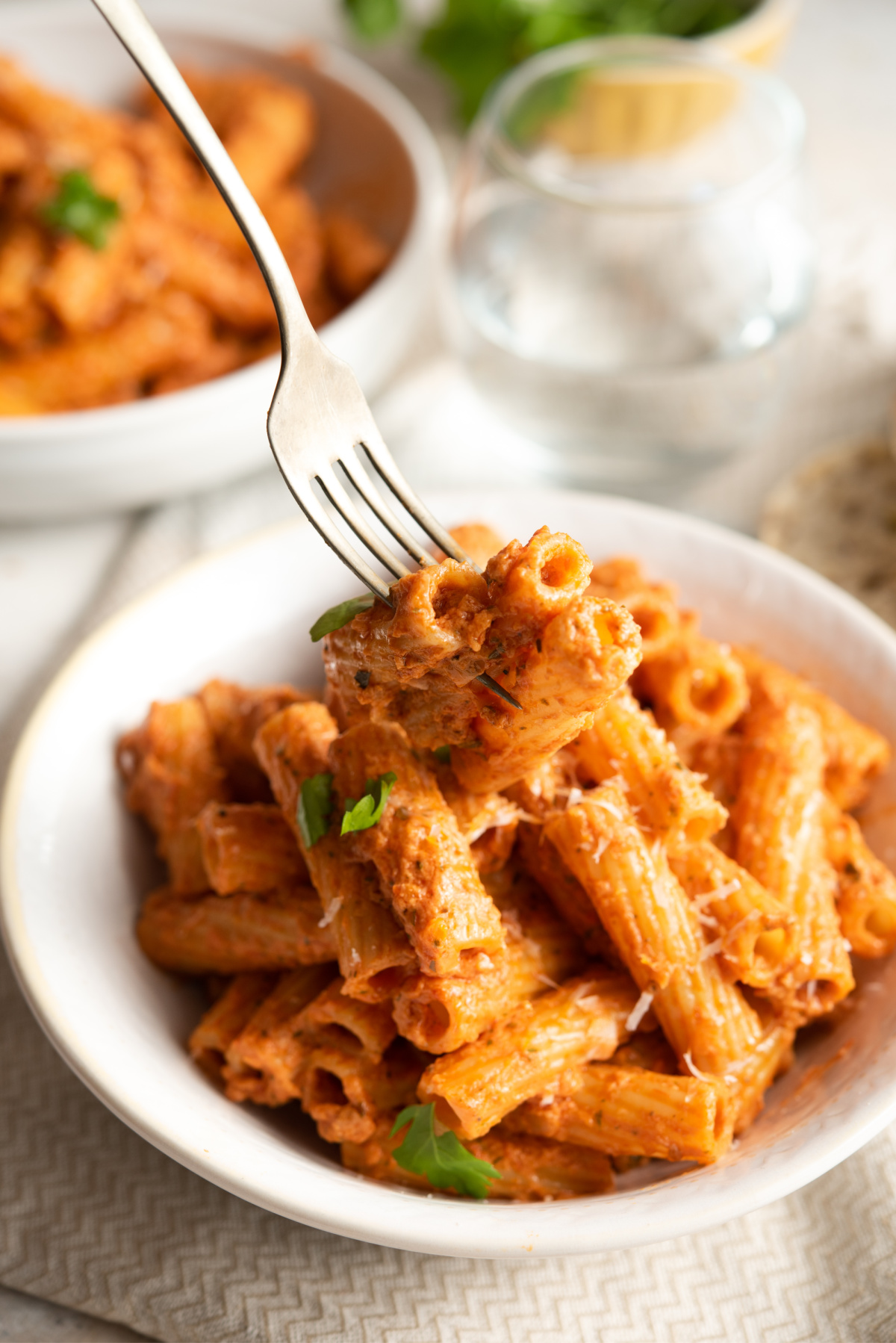 A bowl of cooked rigatoni pasta in a sundried tomato, mascarpone cheese sauce